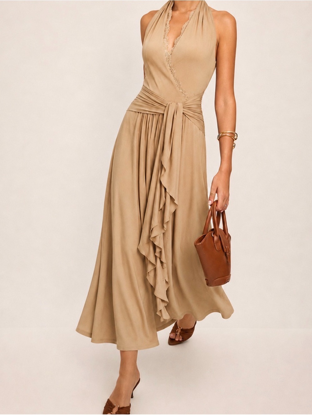 Commense Halter Wrap Maxi Dress in Tan